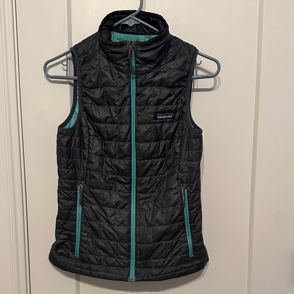 Patagonia Dark Gray Down Vest with Teal Accents